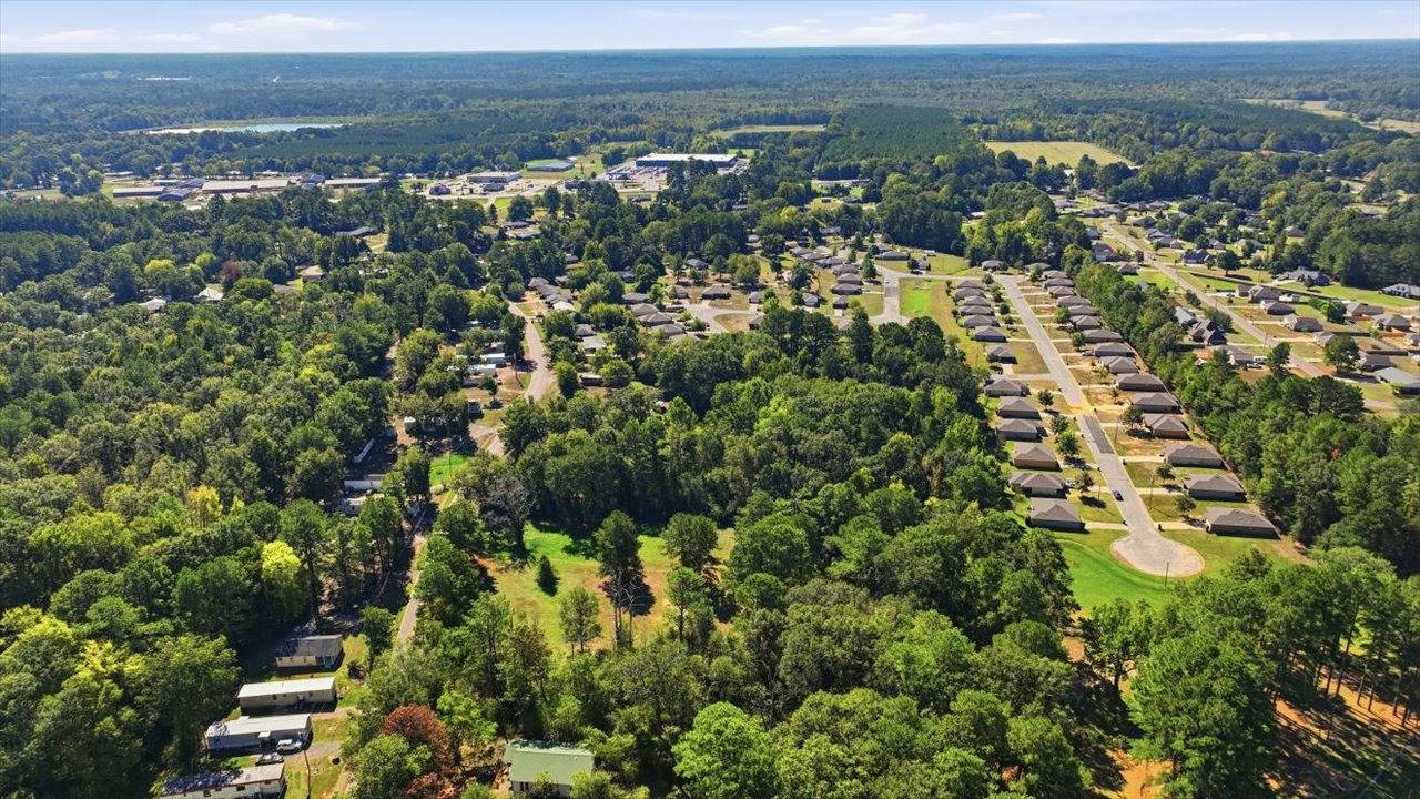 Aerial view of the surrounding neighborhood and street