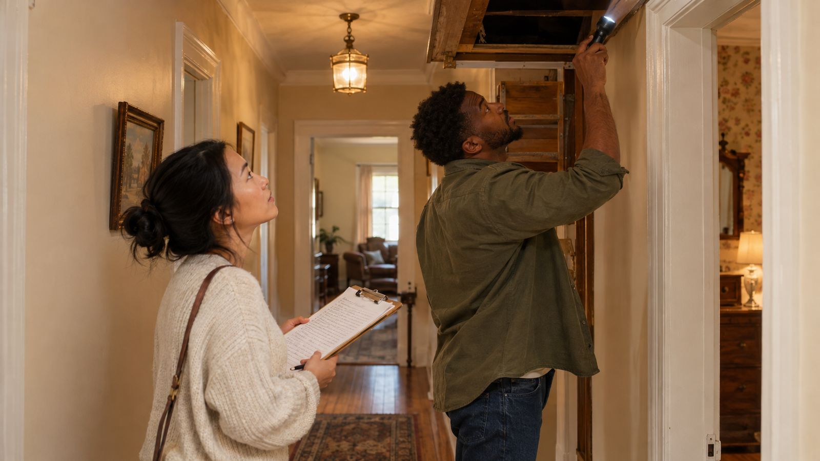 A couple touring a house pauses in a hallway, one holding a long handwritten checklist on a clipboard while the other peers into an attic hatch with a flashlight.