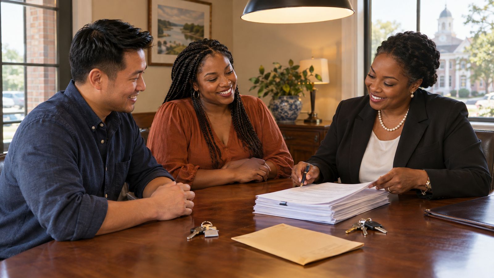 A closing table at a title company: a buyer, seller and closing agent with a thick stack of documents, a pen, two sets of keys and a check envelope under a pendant lamp.