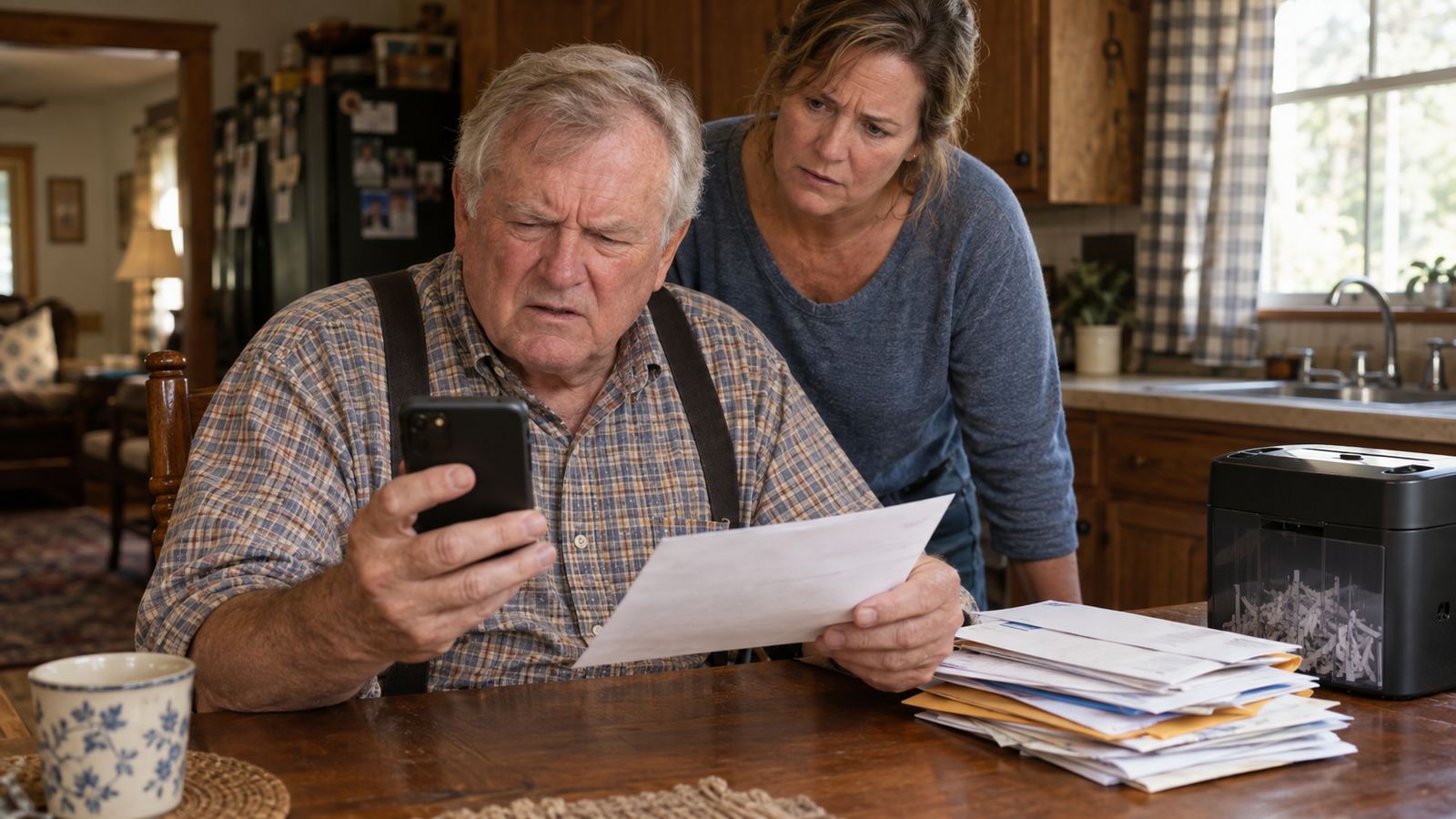 An older homeowner at a kitchen table squints suspiciously at a phone screen while holding a letter, a shredder and a stack of mail beside him.