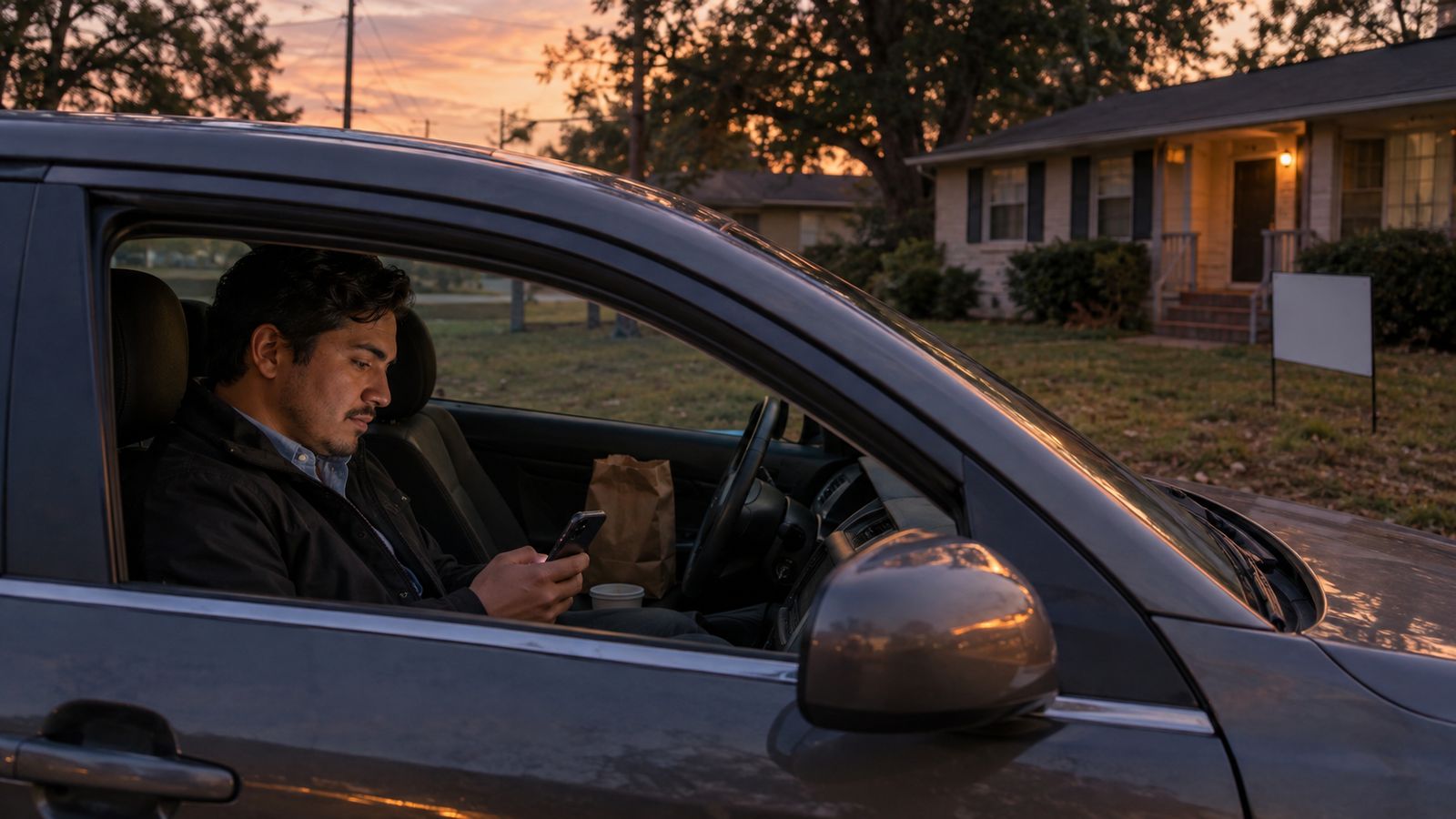 An agent sits alone in a parked car at dusk outside a modest Mississippi house with a yard sign, scrolling a phone, a paper bag dinner on the passenger seat.