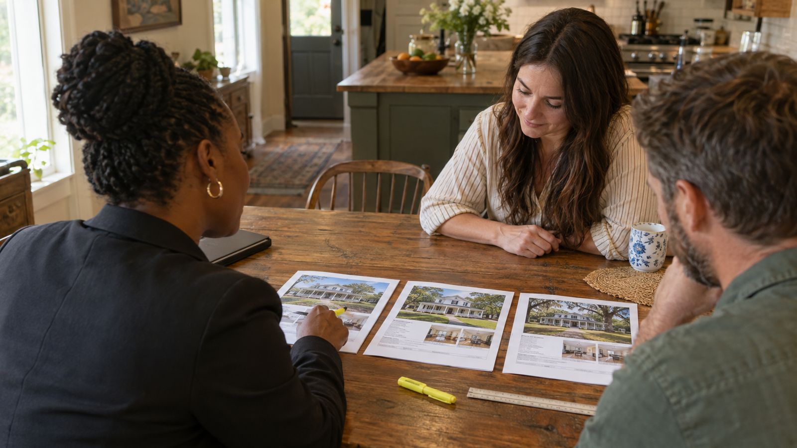 Over-the-shoulder view of an agent and a buyer at a kitchen table comparing three printed property photo sheets laid in a row, a highlighter and ruler on the table.
