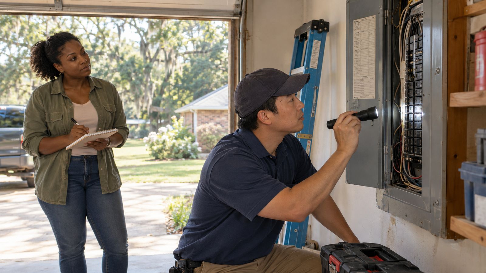 A home inspector in a cap shines a flashlight into an open electrical panel while a buyer watches from the garage doorway holding a notepad.