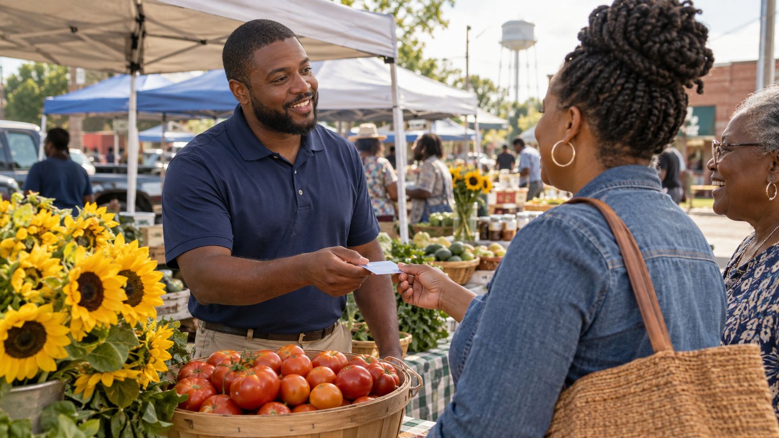 An agent in a polo shirt chats with neighbors at a small-town Mississippi farmers market stall, handing over a card, a basket of tomatoes and sunflowers in the foreground, canopy tents behind.