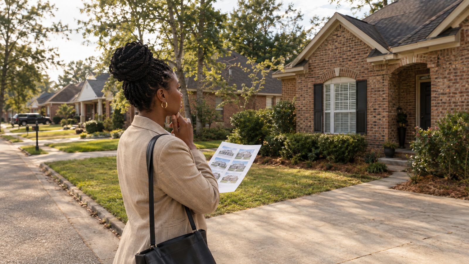 An agent stands in a driveway comparing a printed sheet with photos of nearby houses to the brick home in front of her, tapping her chin.