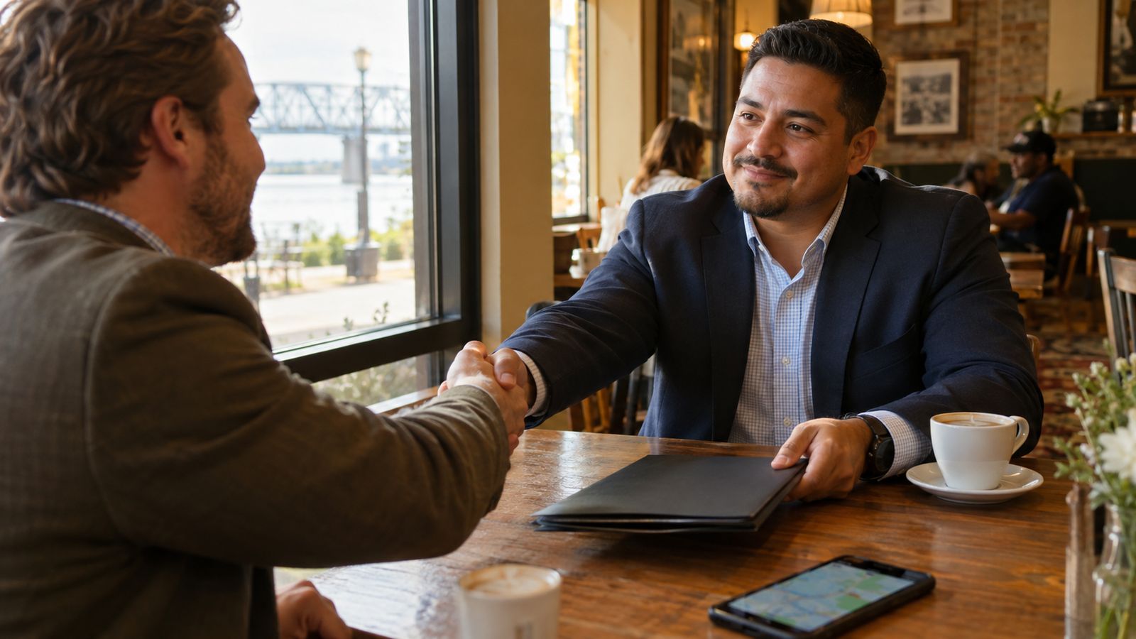 Two agents shake hands across a cafe table, one sliding a folder toward the other, a phone with a blurred map on the table, warm coffee-shop light.