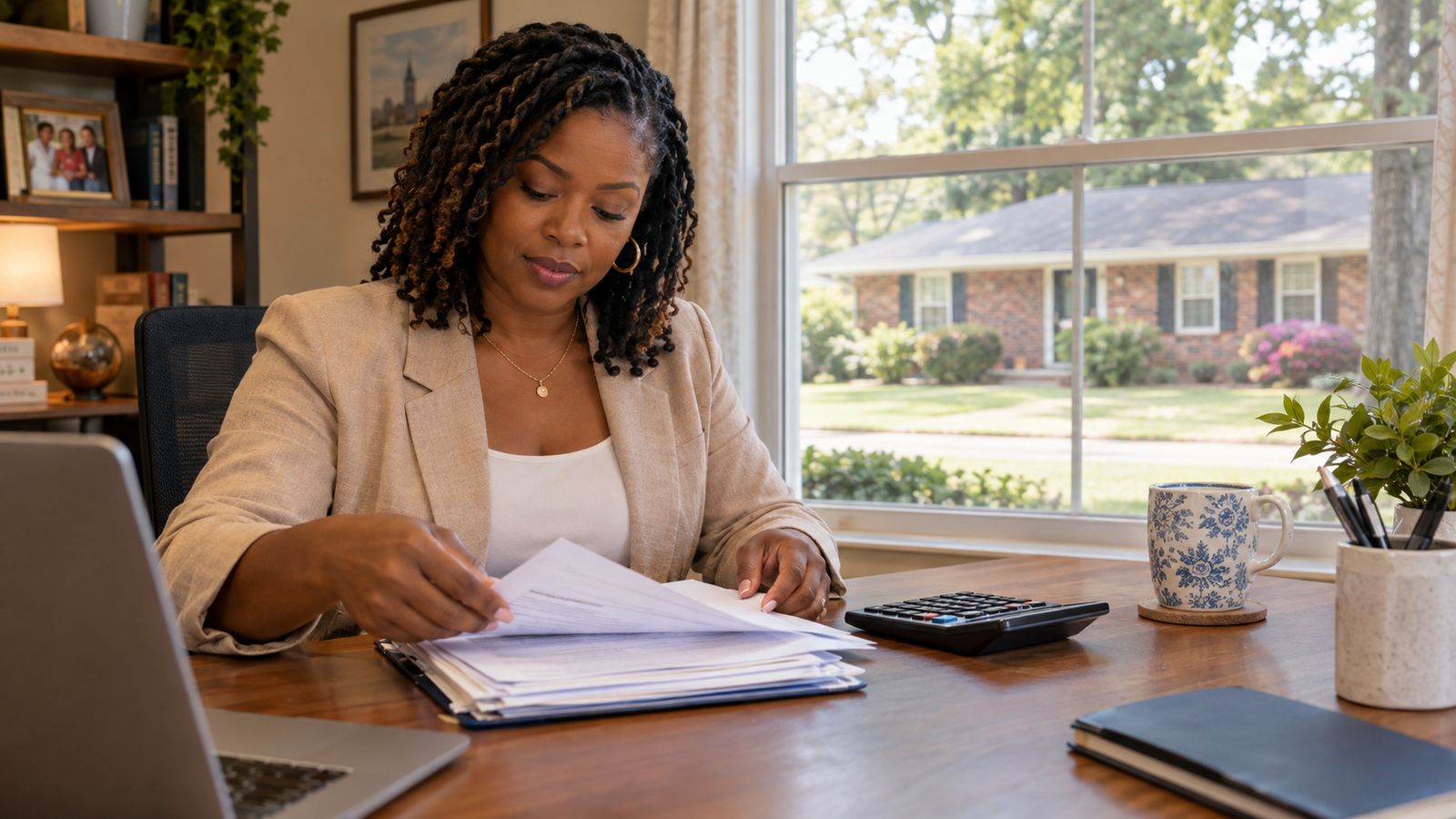 A real estate agent at a tidy home office desk sorts a small stack of settlement papers beside a calculator and a mug.