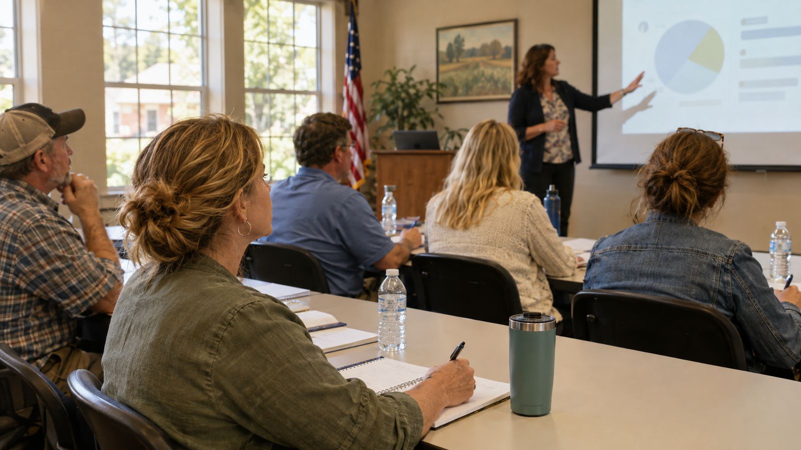A classroom of adult students in a continuing-education session takes notes while an instructor gestures at a slide, water bottles and notebooks on the tables.