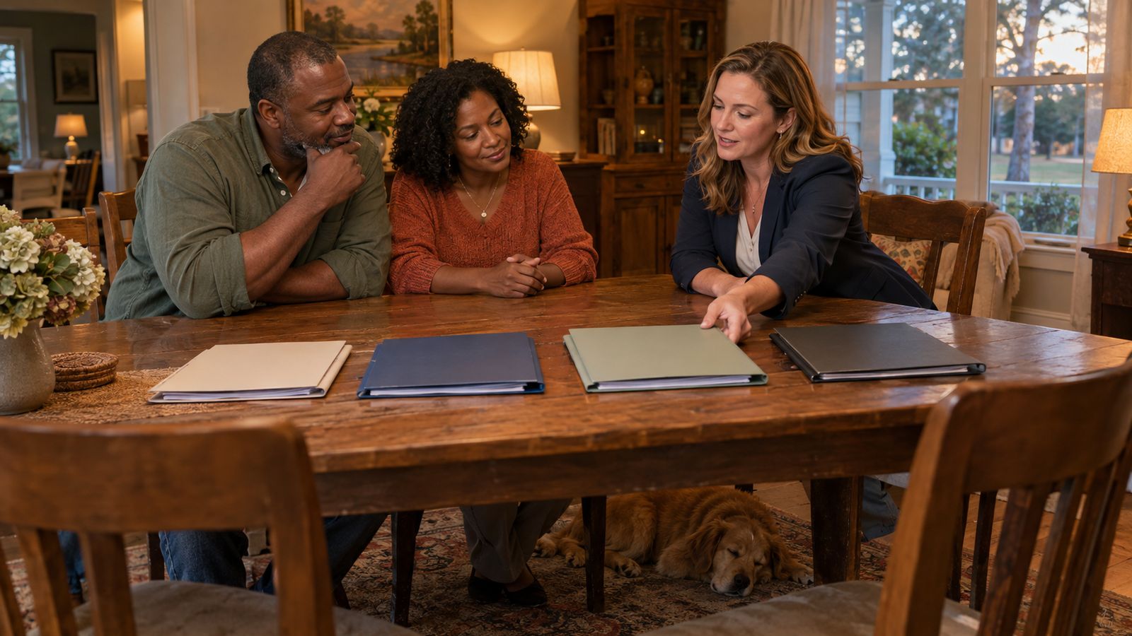 A seller couple and their agent lean over a dining table spread with four offer folders arranged side by side, the agent sliding one forward, evening lamp light, a dog asleep under the table.