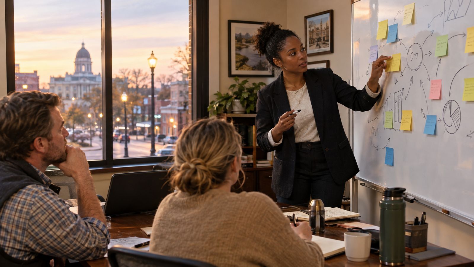 A determined first-year agent stands at a whiteboard in a modest office at dawn, mapping a plan with sticky notes and arrows, coffee thermos on the desk, city street lamps glowing outside.