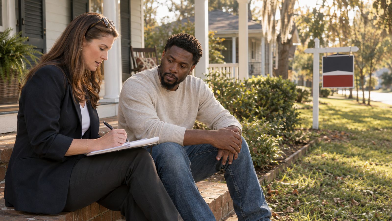 An agent and a buyer sit on the front steps of a house for sale, the agent sketching numbers on a notepad while the buyer listens intently.