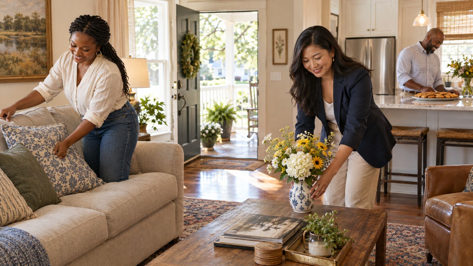 A homeowner fluffs pillows on a sofa while an agent sets a small vase of fresh flowers on the coffee table and a tray of cookies waits on the kitchen counter.