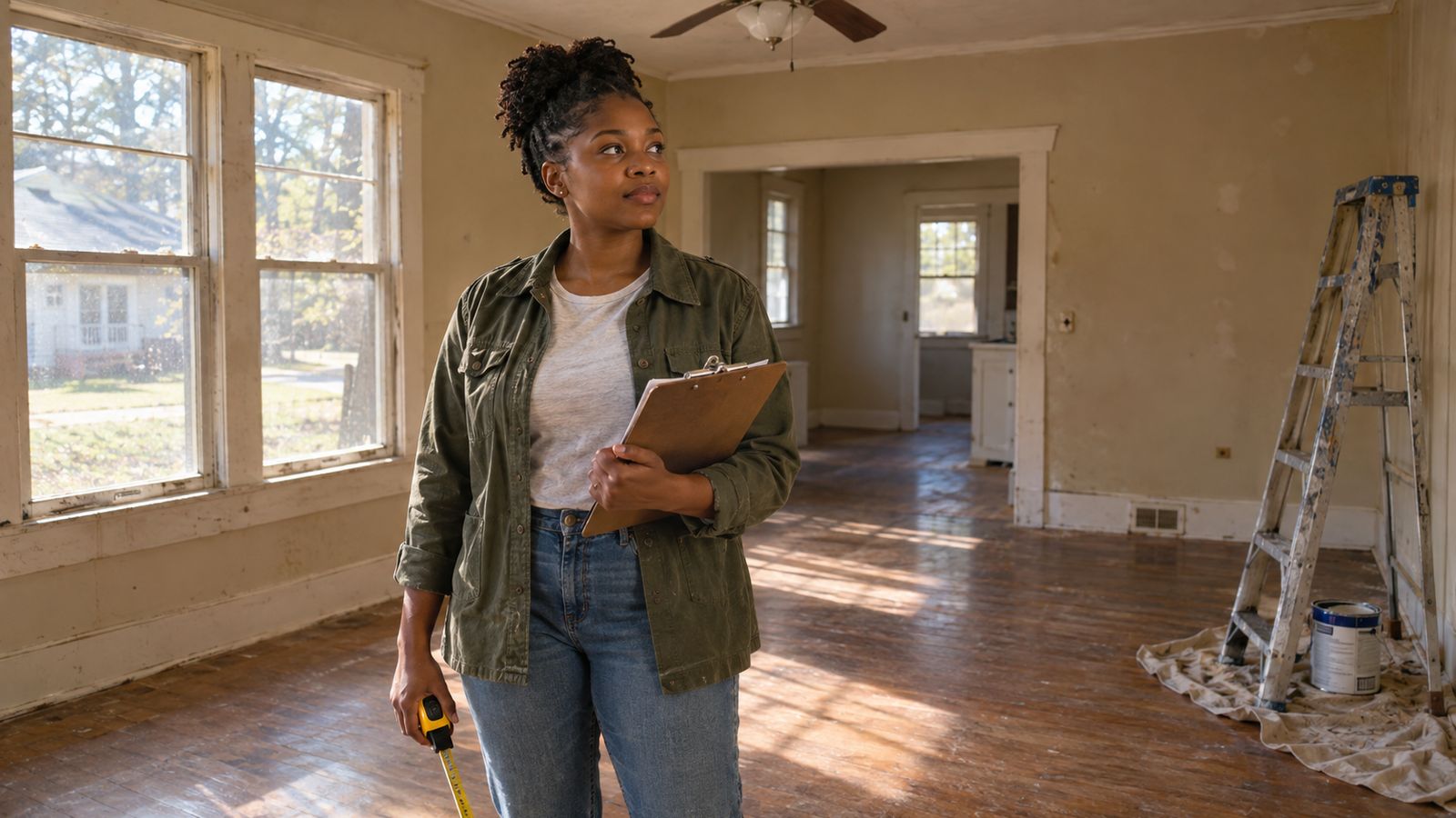 A first-time investor stands in the empty living room of a small duplex holding a clipboard and a measuring tape, light through dusty windows, a paint can and ladder in the corner.