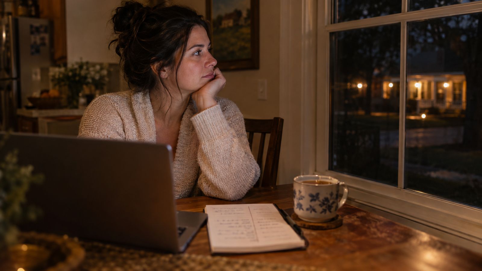 A person in their thirties at a kitchen table late at night with a laptop, a notepad with two columns, and a cooling cup of tea, looking thoughtfully out a dark window at porch lights across the street.