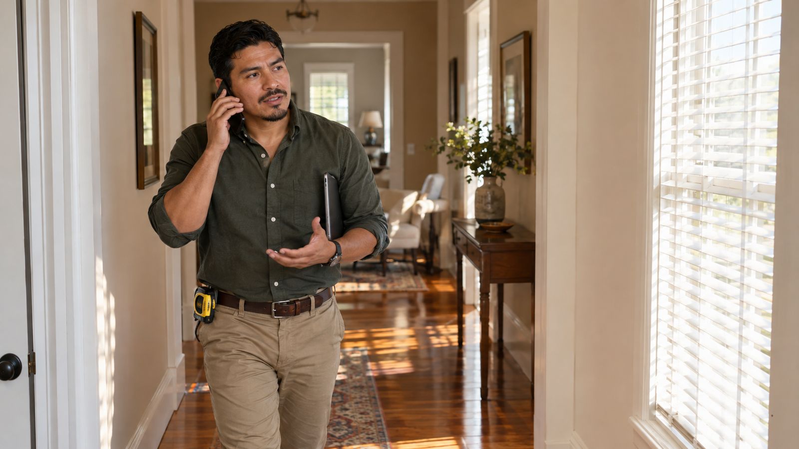 An agent on the phone paces a quiet hallway of a listing, one hand gesturing, a tape measure clipped to the belt and a tablet under the arm.