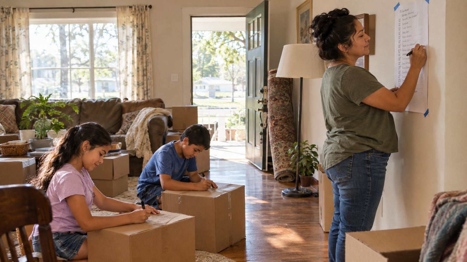 A family in a half-packed living room: a parent checks off a long list taped to the wall, kids label boxes with markers, a rolled rug and a lamp by the door, bright midday light.