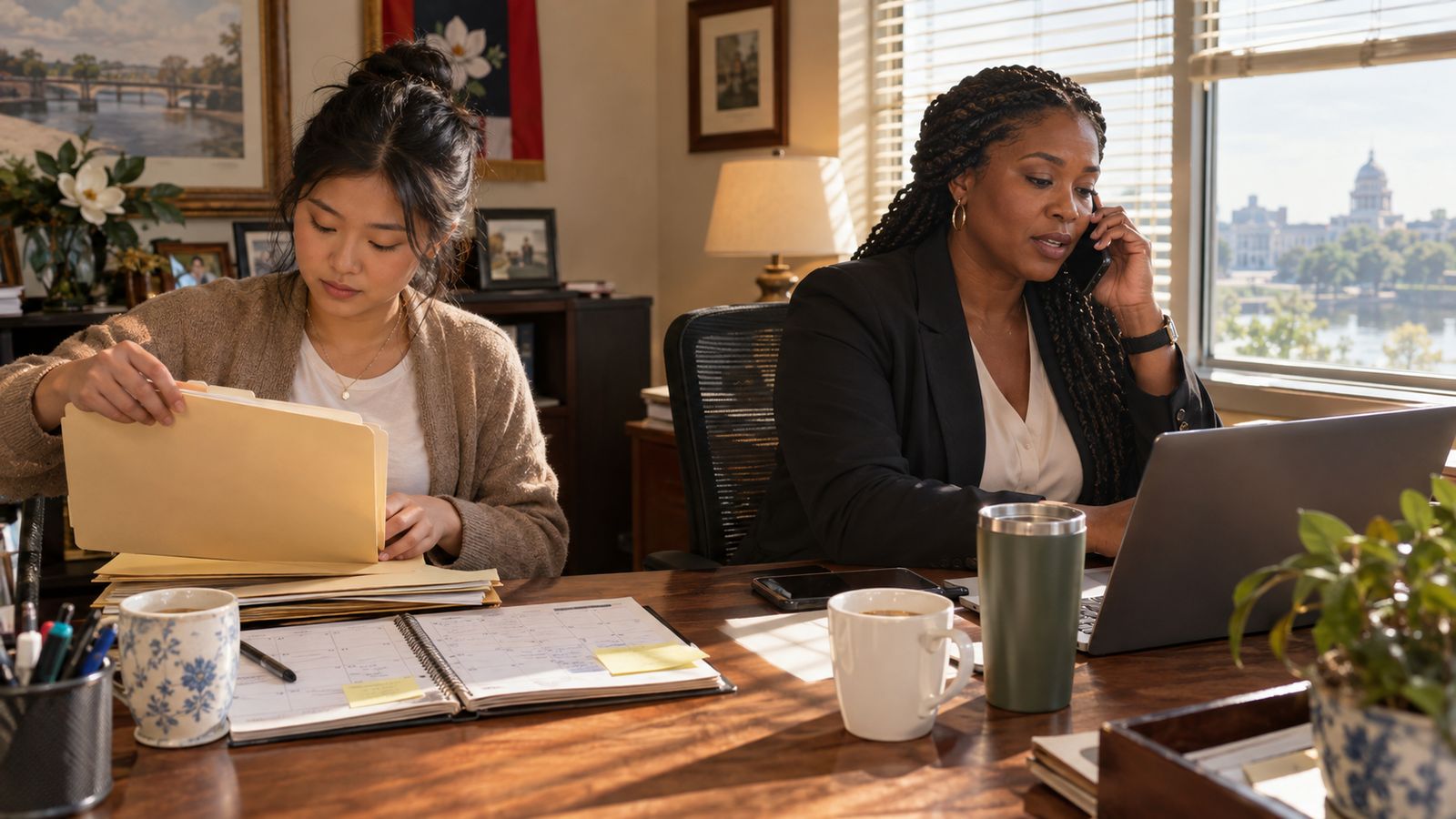 A busy agent and a young assistant work side by side at a shared desk, the assistant organizing folders and a calendar while the agent takes a call, two coffee cups, morning light through blinds.