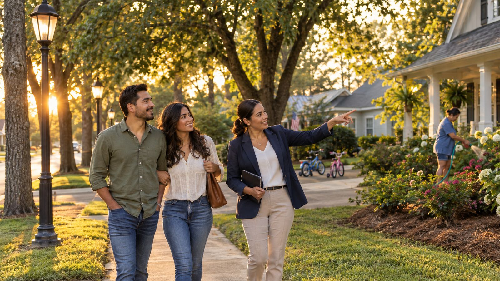 A buyer couple walks a tree-lined sidewalk at golden hour with their agent, pointing at street lamps and a neighbor watering flowers, kids' bikes in a driveway.