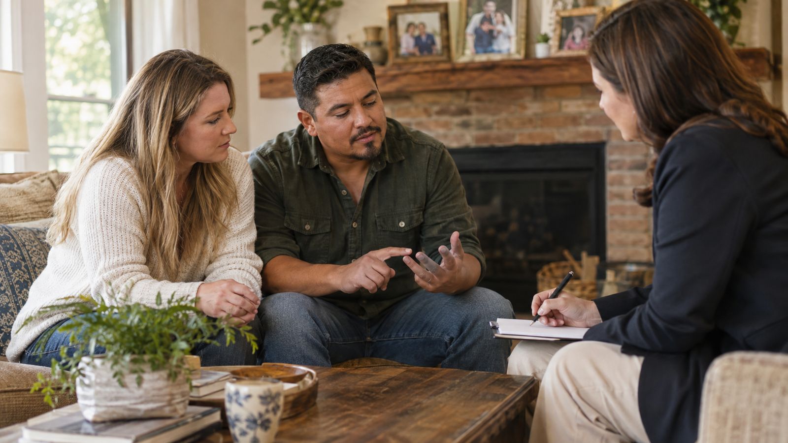 A homeowner couple sits across from an agent at a living-room coffee table, one spouse counting off points on their fingers while the agent takes notes.
