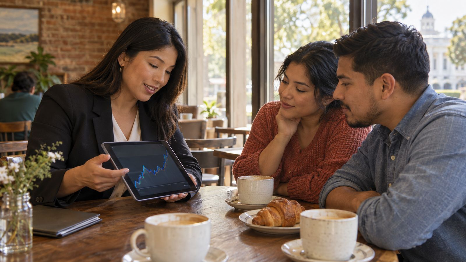 An agent at a cafe table turns a tablet showing an abstract rising-and-falling line chart toward a curious couple, coffee cups and a croissant, soft window light.