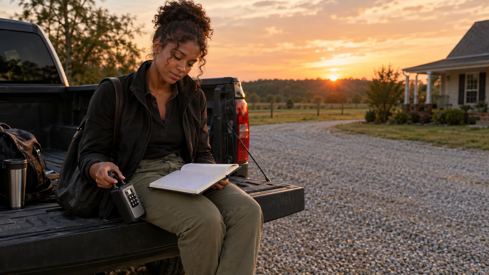 A first-year agent sits on the tailgate of a pickup in an empty gravel driveway at sunset, lockbox in one hand, reviewing a notebook with a few marked and many empty lines, tired but hopeful.