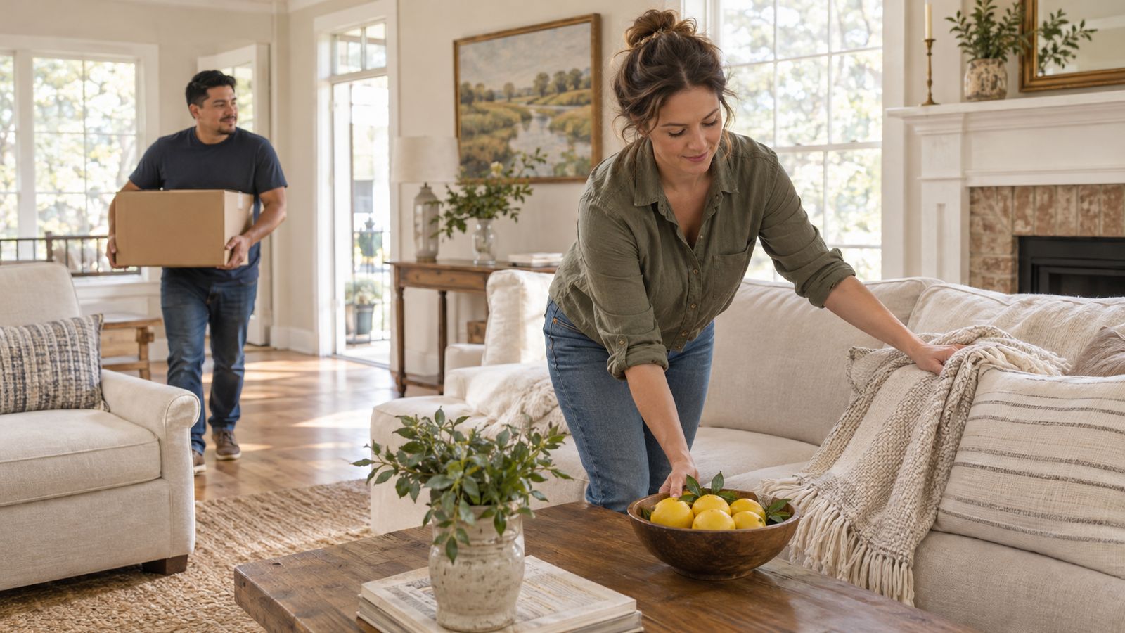 A stager arranges a throw blanket and a bowl of lemons in a bright, decluttered living room with neutral furniture while a homeowner carries out a box.