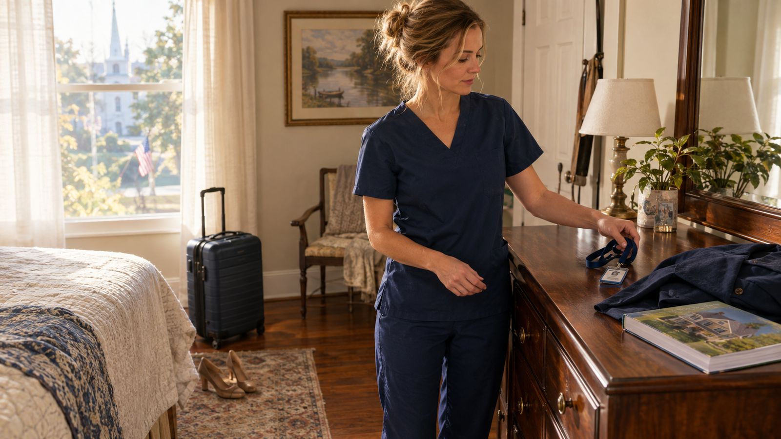 A person removes a hospital badge lanyard and sets it on a dresser beside a new blazer and a fresh real estate textbook, early morning light, a suitcase and shoes nearby.