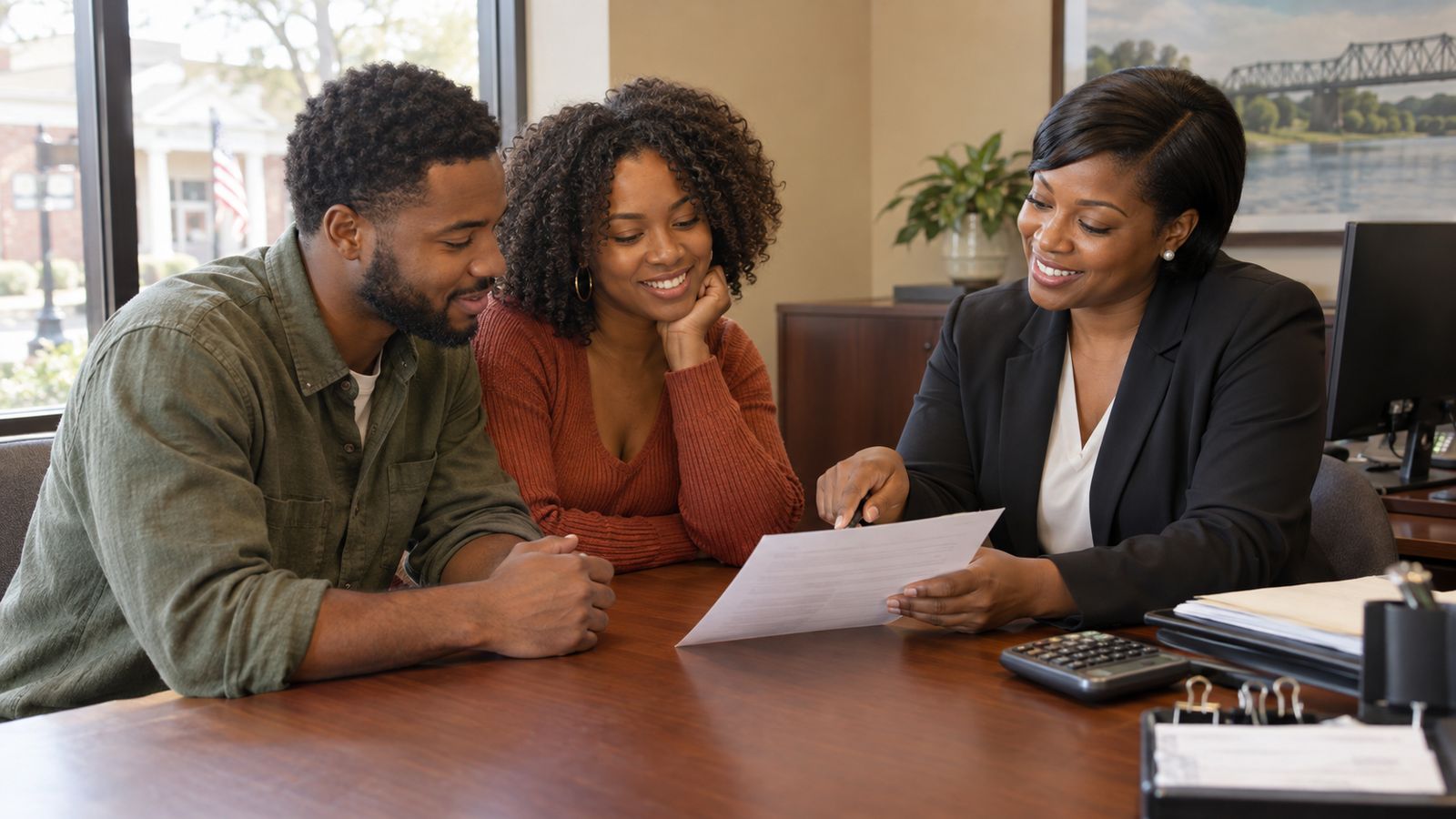 A young couple sits at a loan officer's desk in a bank branch office reviewing a one-page letter together, the loan officer smiling and pointing.