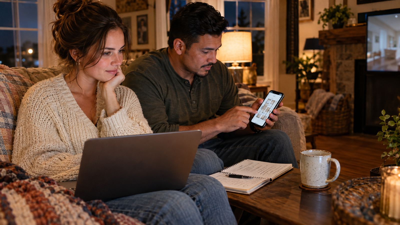 A woman on a sofa at night watches a 3D home walkthrough on a laptop while her partner looks at a floor plan on a phone, a notebook of questions between them.