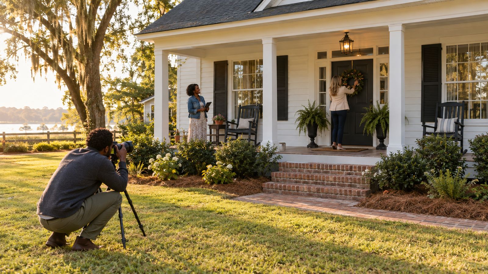 A wide shot of a freshly painted cottage with a crisp front porch, a photographer crouching on the lawn with a camera on a tripod while an agent adjusts a wreath on the door, golden afternoon sun.