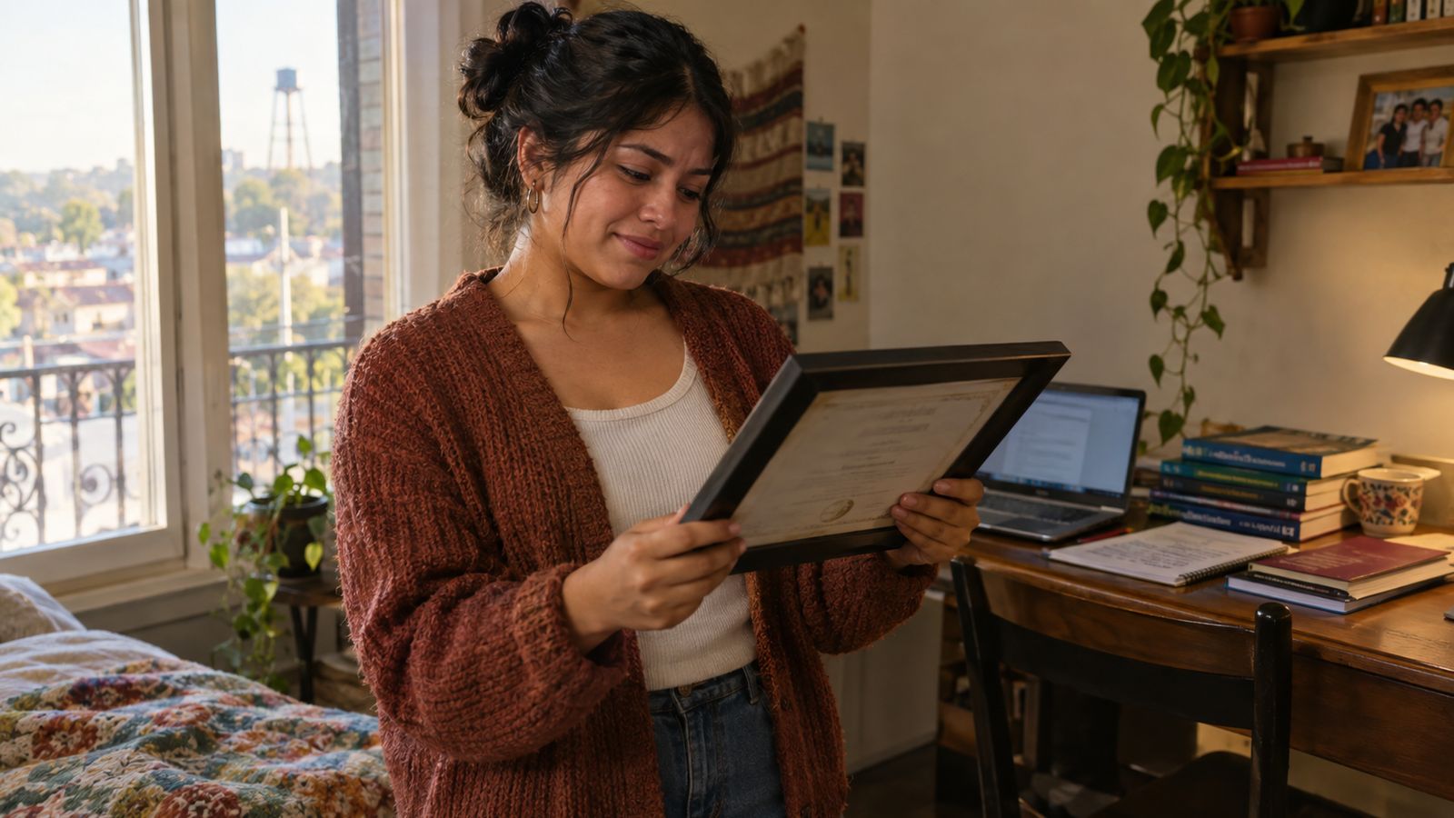 A newly licensed agent holds a framed certificate in a small apartment, looking at it with a mix of pride and uncertainty, textbooks and a laptop on the desk behind.