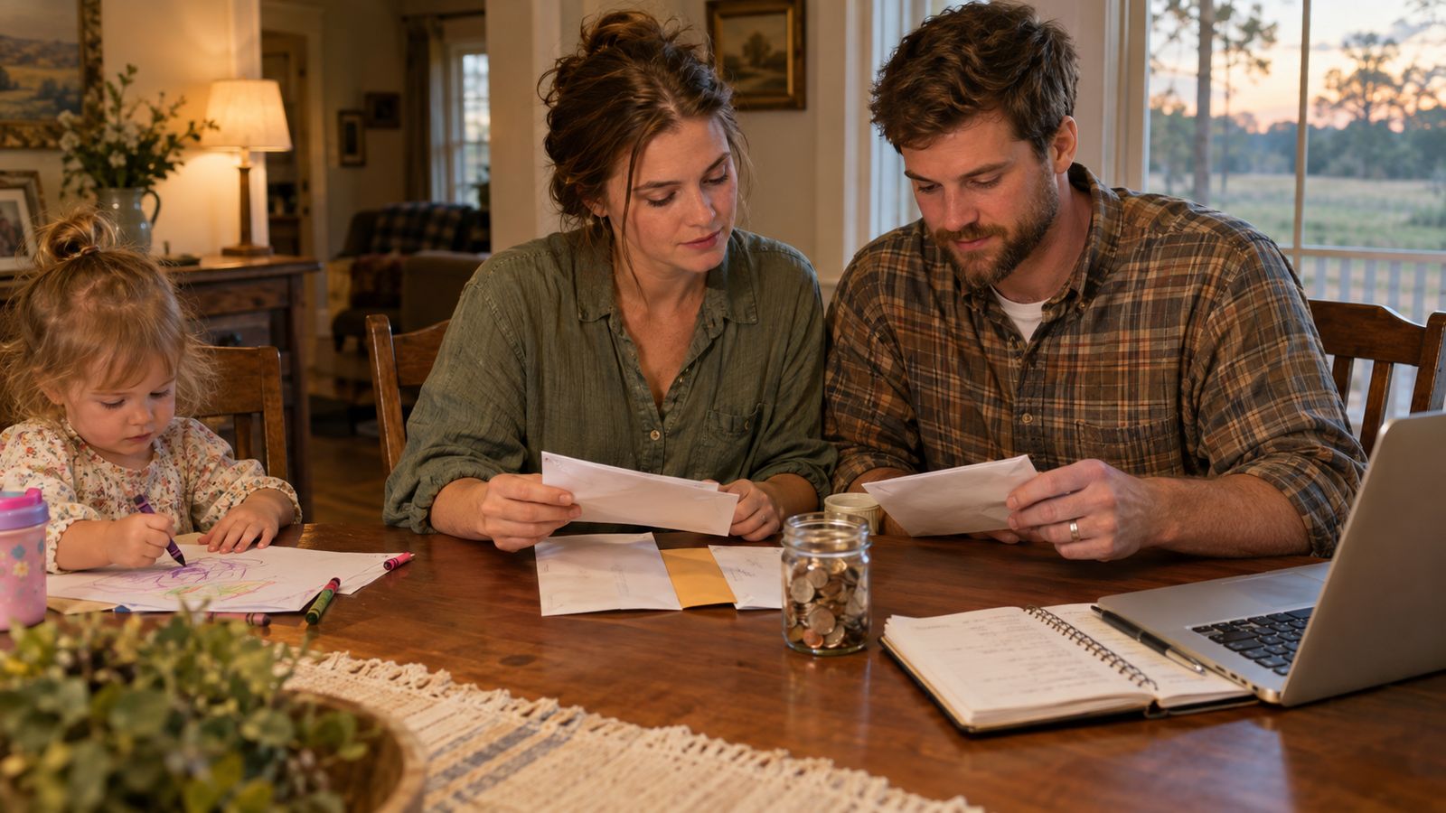 A young family at a dining table sorts three envelopes and a small jar of coins beside a laptop, a budget notebook open, a toddler drawing nearby.