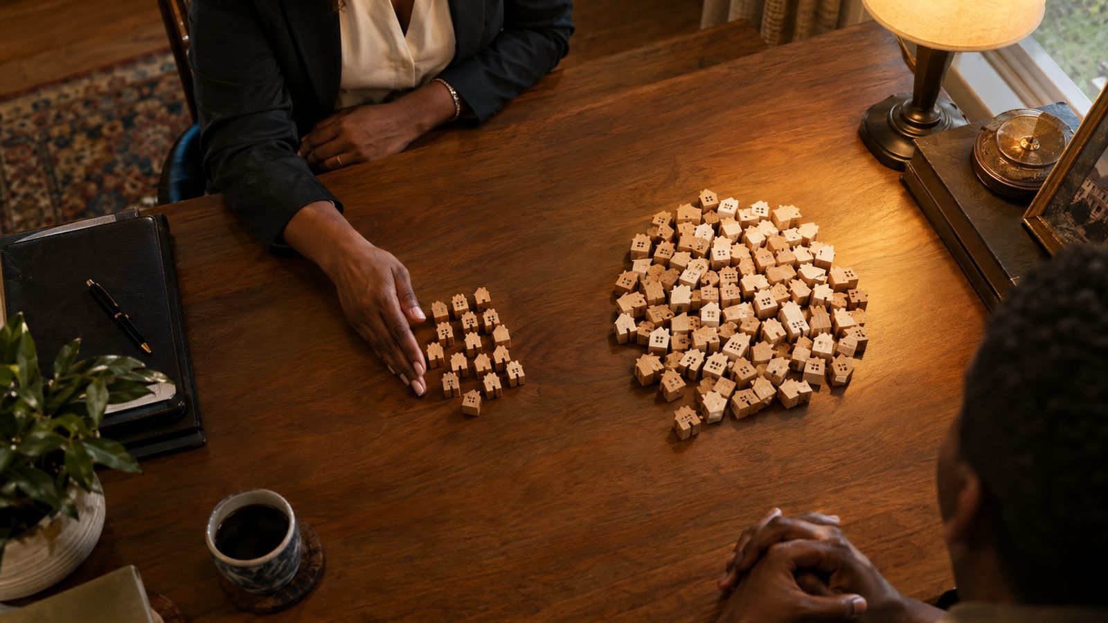 A top-down view of a wooden desk where a small pile of twenty wooden house tokens sits apart from a larger scattered pile of eighty, an agent's hand pushing the small pile forward, warm lamp light.