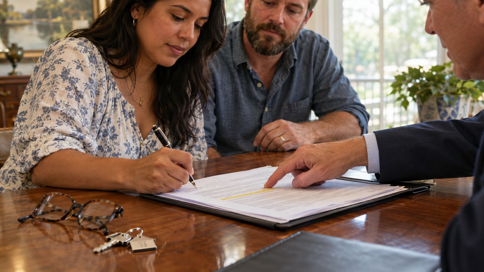 Close view of a buyer's hand signing a multi-page purchase contract on a conference table while an agent's hand points to a highlighted clause.