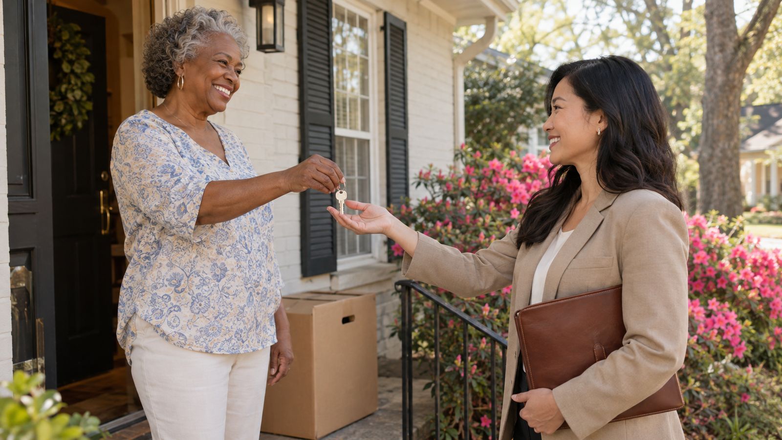 A seller in her sixties stands on her front steps handing a house key to a smiling agent holding a leather folio.