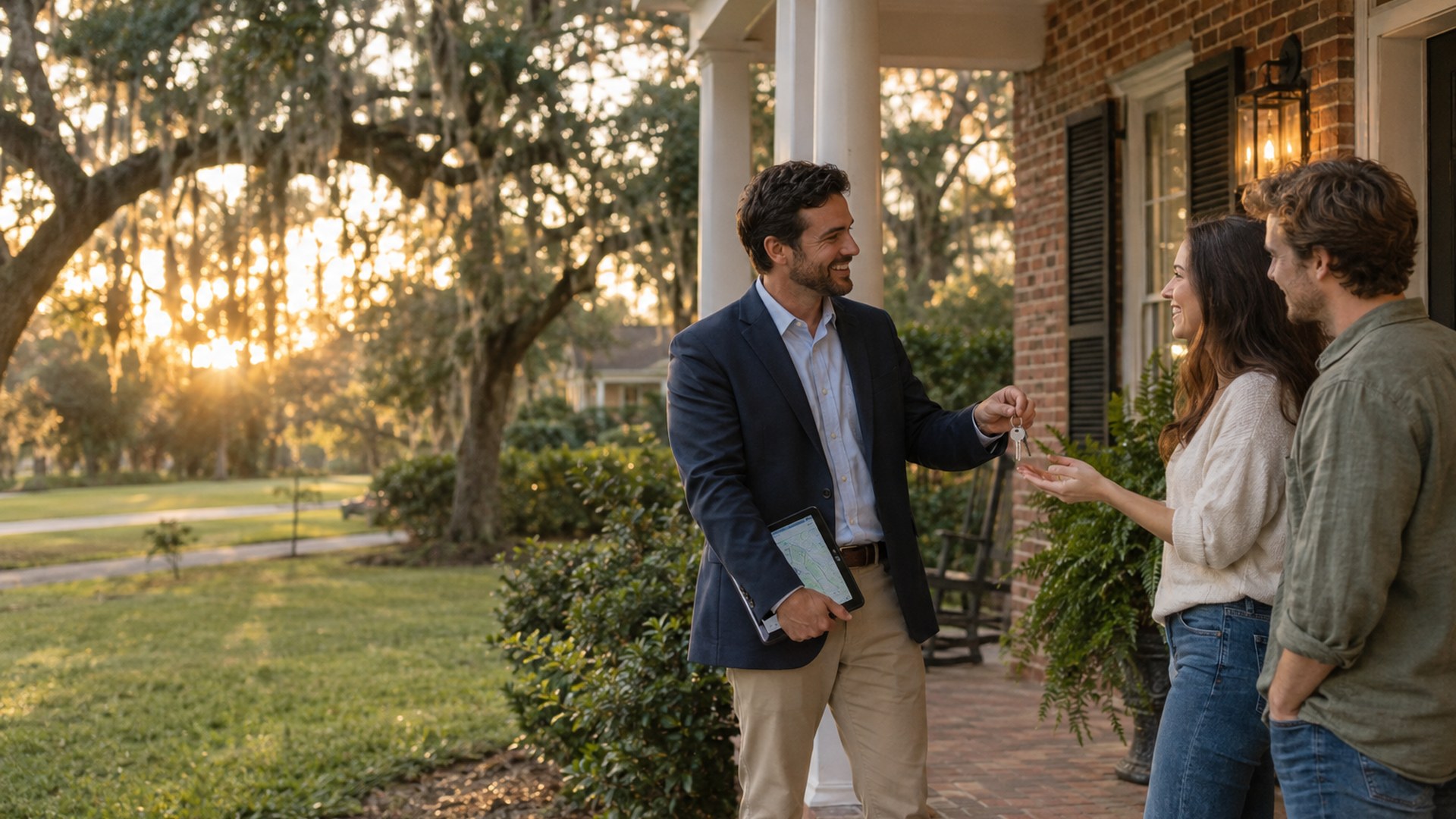 A real estate agent hands house keys to a young couple on a Southern porch at sunset.